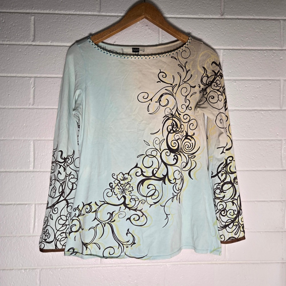 BaMBooco Graphic Flare Sleeve Pima Top Medium Y2K Beaded Hippie Boho Maximalist‎